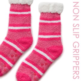Metzuyan WS-AW23 Ladies 1 Pair Striped Lounge Socks with Sherpa Fleece Thermal Socks Bed Socks with Non Slip Grippers 4-8 Pink