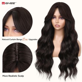 WIGNEE Breathable Long Curly Wavy Dark Brown Wig for Women 26 Inch Middle Part Synthetic Hair Wig Glueless with Bangs Natural Hairline Looking Wigs Wear and Go for Daily/Cosplay/Halloween