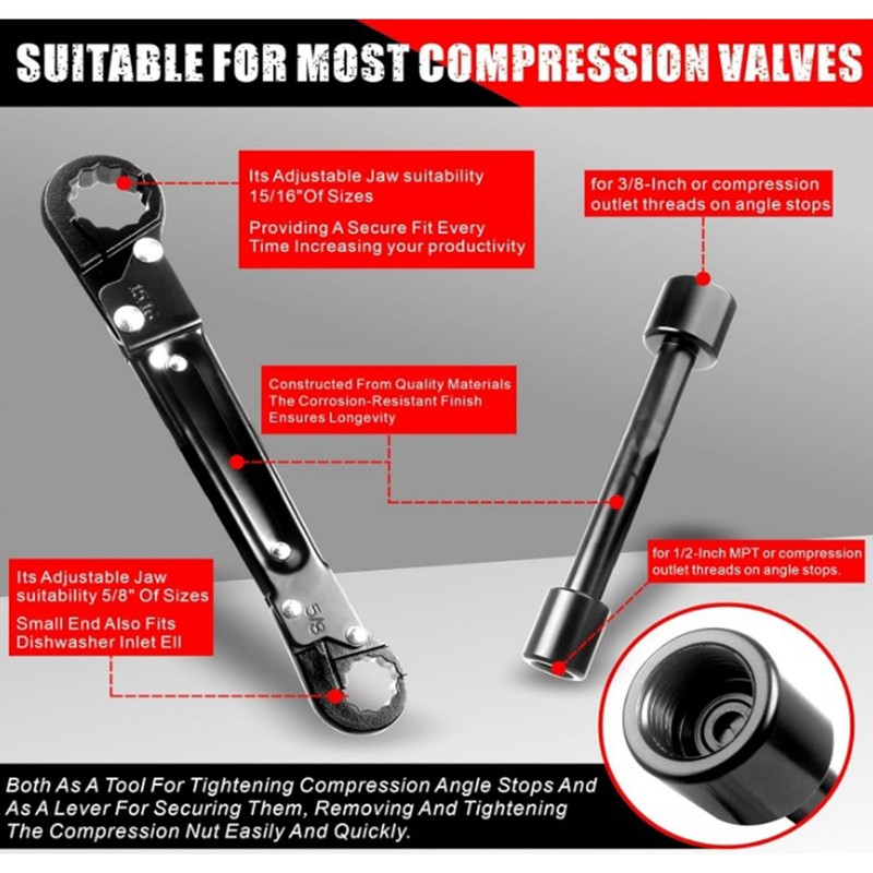 Angle On Wrench, Angle Stop Compression Ring Removal Tool, Multifunctional