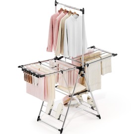APEXCHASER Clothes Drying Rack with High Hanger, Foldable 3-Level Drying Racks with Shoe Rack, Crossbar and Vertical Rod Laundry Stand with Adjustable Wings Silver