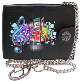 Music Notes Bubbles Floating Music KLASSEK Mens Wallet with Chain Real Leather RFID Blocking with Coin Pocket and Metal Gift Box