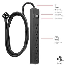 GE 14088 - Tira de alimentación de 6 Tomas, Cable de extensión de 6 pies, Enchufe Resistente, Conectado a Tierra, Interruptor Integrado, 3 Puntas, Montaje en Pared, certificación UL, Color Negro,