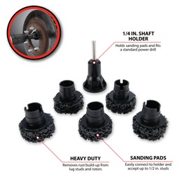Performance Tool W80105 Wheel Hub Resurfacing Kit - Quick Rust Removal for Lug Studs and Rotors, Fits Power Drill, Includes Holder and 5 Pads