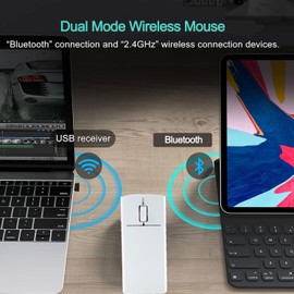 Ultra Small Bluetooth Wireless Mouse, Dual Mode (BT+2.4G) Noiseless Rechargeable (with Mouse Case), 1200 DPI Slim and Portable Mini Travel Cordless Mice for PC Computer Laptop (White)