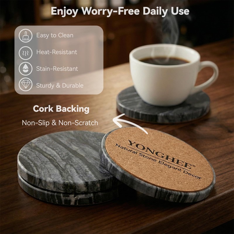 YONGHEE Black Marble Coasters Set of 4, Elegant Black &