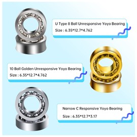 Complete Yoyo Bearing Pack, 10 Ball Golden Unresponsive Yoyo Bearing + Size C 8 Ball Yoyo Bearing + Narrow C Responsive Yoyo Bearing + Bearing Removal Tool + 6 Yoyo Strings + 6 Yoyo Axles