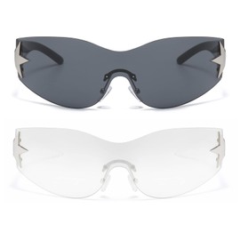 Long Keeper Trend Y2k Wrap Around Sunglasses for Men and Women, Vintage Rimless Sunglasses Women Large with Star UV Protection Fashion Retro Rave Glasses, Black Frame/Grey + Clear Frame/Transparent