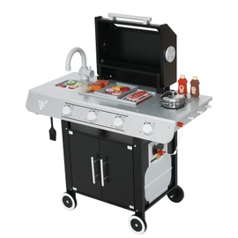 EDUBEBO Realistic Kids Wooden BBQ Grill Playset - Toddler Play Grill Station for Indoor & Outdoor, Pretend Play Toy Grill for Kids Ages 3-8, Wooden Kitchen Cooking Toy with Toy Food & Grilling Tools