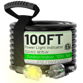 POWGRN 100 Ft 10/3 Black Outdoor Extension Cord Waterproof Heavy Duty 10 Gauge 3 Prong, Flexible Cold-Resistant Long Power Cord Outside with Lighted Indicator End, 15Amp 1875W SJTW ETL Listed