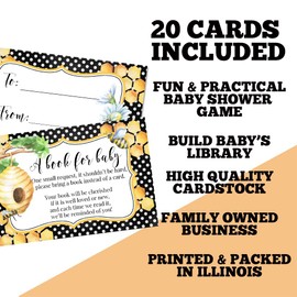 Amanda Creation Book Request Cards Bumble Bee Bring a Book Insert Request for Baby Shower - 20 2.5 by 4 Inch Double Sided Gift Tags, Made in the USA