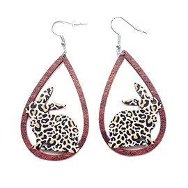 Colorful Easter Rabbit Teardrop Earrings Wooden Dangle Earrings Flower Rainbow Cute Rabbits Drop Earrings for Women Jewelry-Leopard