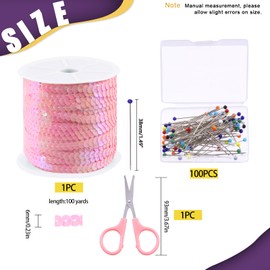 Swpeet 6mm 100 Yard Pink Flat Sequin Strip Teal Sequins Trim Paillette on a Roll and Map Push Pins with Scissors Assortment Kit, Fabric Metallic Stretch Teal Sequin Elastic Trim Embellishments