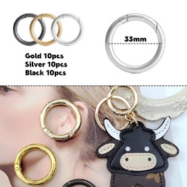 Pizsieat Pack of 30 Carabiner Round 35 mm Zinc Alloy Carabiner Hook Round O-Ring Carabiner Ring Jump Ring with Spring Opening for Key Fob Backpack and DIY Crafts (Silver Gold Black)
