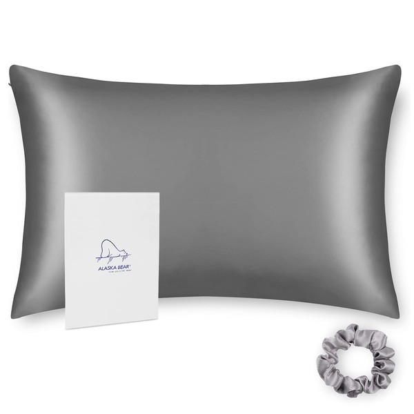 ALASKA BEAR Natural Silk Pillowcase, Hypoallergenic, 19 Momme, 600 Thread Count 100 Percent Mulberry Silk, Standard Size with Hidden Zipper (1pc, Iron Grey)