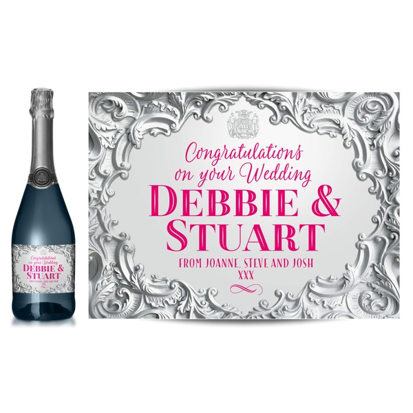 TigerMill Publishing Personalised Silver Effect Champagne Labels for Any Occasion or Event, Birthday, Wedding, Engagement, Anniversary, Hen Night, Christmas etc (Silver/Pink Type)