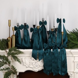 Teenyyou 12 Pcs Green Christmas Candlestick Bows Decor 13 Inch Large Coquette Decorations Bows for Table Self Adhesive Candle Holder Gift Wrapping Wedding Bridal Shower Bachelorette Party Centerpieces