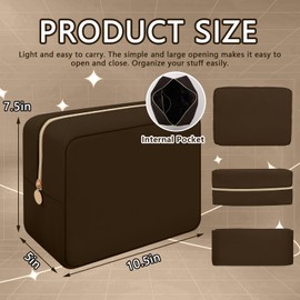 Iqimott Hot Pink Makeup Bag Nylon Makeup Bag, Preppy Cosmetic Bag Compact Make up Pouch Toiletry Bag for Women Girls Teens, Brown, Large