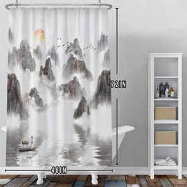 Baocicoo Chinese Ink Painting Shower Curtain Sets Sunrise Sea of Clouds Asian Mountain Landscape Shower Curtains for Bathroom Teahouse Cubicle Fabric Bathroom Decorations with Hooks 48x72 Inches