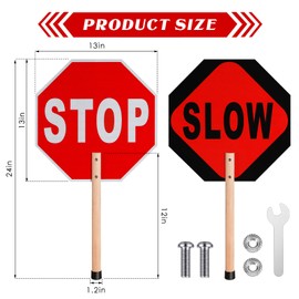Stop Slow Sign Handheld Stop Sign with Handle 13 x 13 Crossing Guard Stop Signs Double Sided Reflective Signs UV Protected Waterproof, Weather Resistant, Easy to Mount, Aluminum, Wood (8 Pcs)
