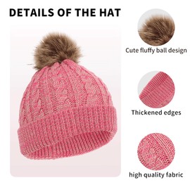 Kids Knitted Hat Scarf and Gloves Set, Toddler Winter Warm Pom Pom Hat Beanie Fleece Lining Scarf Gloves Cold Weather 3 Piece Set for Boys and Girls 2-7 Years