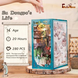 CUTEBEE DIY Book Nook Dollhouse Kit with Dust Cover,Bookshelf Insert DIY Miniature House Kit Booknook Bookend Model Build Creativity Kit Decor Alley with LED Light(Su Dongpo's Life)