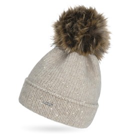 Neverless Women's Knitted Hat with Fur Bobble and Inner Lining Fleece Faux Fur Bobble Hat Glitter Effect Envelope Light Beige One Size