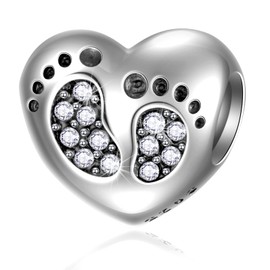 CRISNATA Baby Shower Gifts New Baby Footprint Birthstone Charm, 925 Sterling Silver Feet on Heart Beads, Suitable for European Birthday Bracelet, Gifts for Mum/Wife/Children, Sterling Silver Cubic