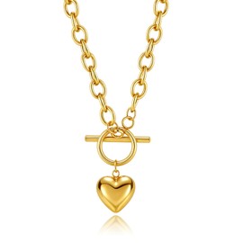 Desnuage 14K Gold Plated Heart Pendant Necklace for Women Trendy Chunky Link Chain Toggle Necklace Jewelry Gifts