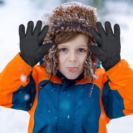 SATINIOR 2 Pairs Winter Kids Ski Gloves Windproof Snowboard Gloves Thermal Snow Warm Mittens for Kids Boys Girls Skiing Cycling Riding (Black, Rose, 4-7 Years)