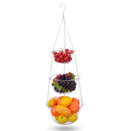 IBERG 3 Tier Hanging Fruit Basket, Metal Hanging Baskets for Kitchen, Bathroom & Pantry Storage Organizer (Chrome)