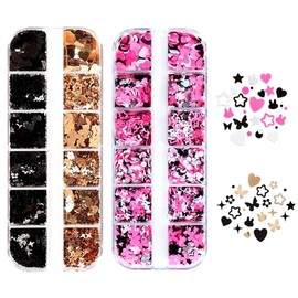Snmzlc JPD170 Nail Parts, Heart Hologram Set, Sequins, Decorative Parts, Stars, Butterflies, Alphabets, Round Black, White, Pink, Gold, Auroramic Nail Art, Spring, Japanese Style, Decoration, Sequins
