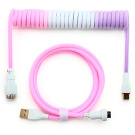 YIMAGUJRX Keyboard Coiled Cable,Custom Coiled Type-C to USB A Cable,Double-Sleeved Wire with 2 Generation Metal Aviator Connector for Mechanical Gaming Keyboard (White-Pink Mix)