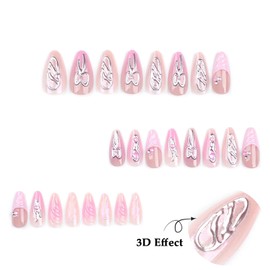 Tressora Press on Almond Shape Fake Nails 3D Pink Glue on Nails with Bow-knot Charm Pearl Designs - Glossy Pink False Nails - Medium Length for Women, 24Pcs