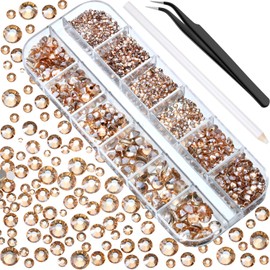2000 Pieces Flat Back Gems Round Crystal Rhinestones 6 Sizes (1.5-6 mm) with Pick Up Tweezer and Rhinestones Picking Pen for Crafts Nail Face Art Clothes Shoes Bags DIY (Champagne)
