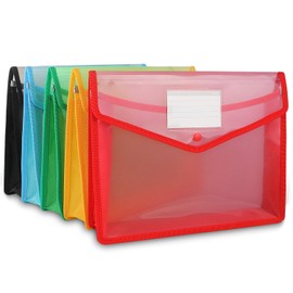 A4 Plastic Wallets with Popper, STARVAST 5 Pack A4 Plastic Envelope Wallet Folders, Waterproof Document Wallets File Folders with Pocket | Blue, Green, Black, Red, Yellow