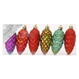 MAGIC Mille-Fiori 6 Plastic Pine Cones 9 cm Plastic Shatterproof Christmas Tree Baubles Decoration Set (Colourful)