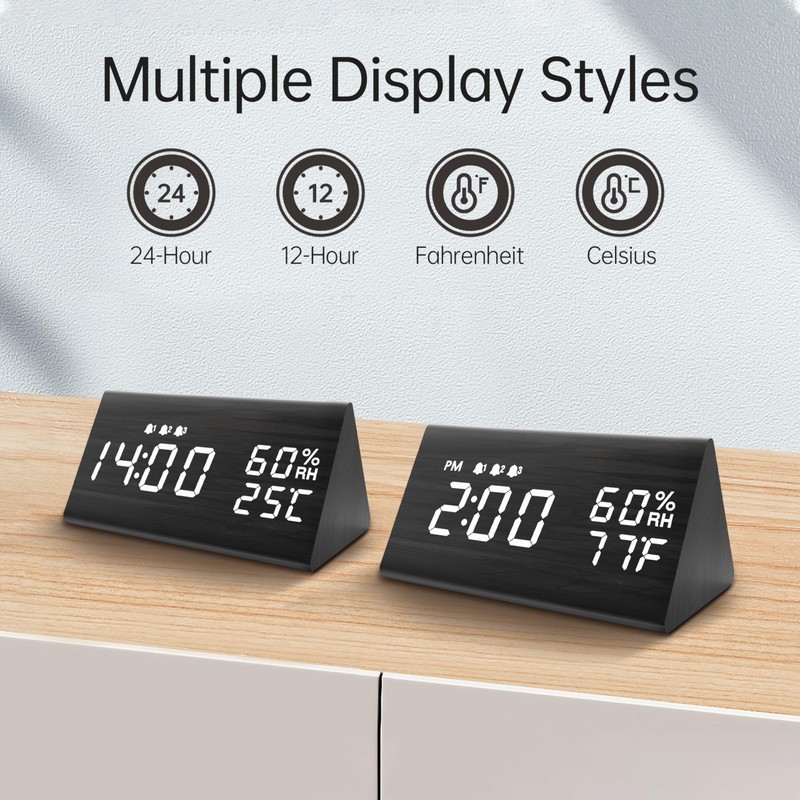 Digital Alarm Clock, with Wooden Electronic LED Time Display, 3