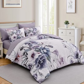 Luxudecor Floral Comforter Set California King Size 7 Piece, Purple Flower Bed in a Bag, Elegant Floral Comforter with Sheet Set, Soft Microfiber Bedding Set for All Season (Purple, 104"x96")