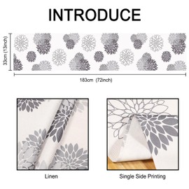 Inhobbok Table Runner Light Grey Dahlia Flower Linen Modern Attractive Farmhouse Geometric Table Centre Decor for Living Room Dining Party Patio Table Runner 33 x 183 cm