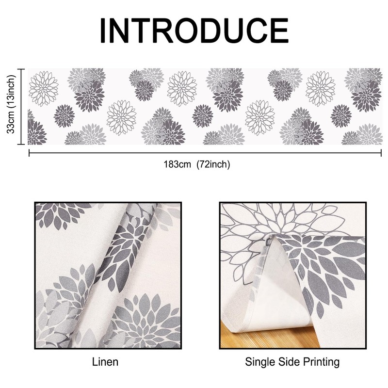 Inhobbok Table Runner Light Grey Dahlia Flower Linen Modern Attractive