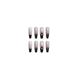 MISUD Press on Nails Long Coffin Fake Nails with Punk Designs Black French Tip Ballerina Acrylic Nails Glossy Glue on Nails 24 pcs Rhinestone False Nails