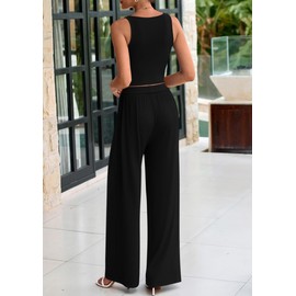 PRETTYGARDEN Womens Summer 2 Piece Sets Ribbed Knit Crew Neck Sleeveless Crop Tank Tops Wide Leg Pants Casual Lounge Set (Black,Small)