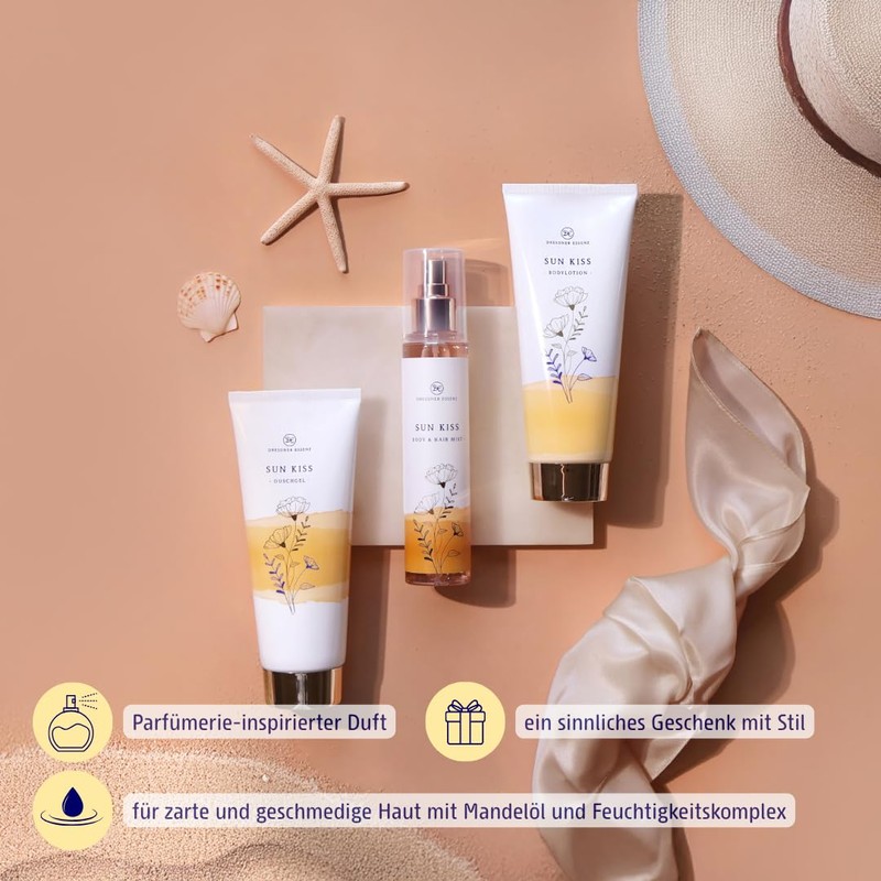 Dresdner Essenz Sun Kiss – Sommerlich-sinnliches Pflege-Set mit Duschgel 200ml,