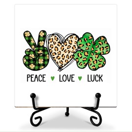 Peace Love Luck Saint Patricks Day Decorations for the Home Wooden Plaque with Metal Stand Irish Blessing Signs for St Patrick's Day Gifts for Coworkers Friends Shamrock Decor 5 X 5 Inches FS522
