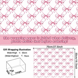 Sanixin 12 Sheets Pink Bow Wrapping Paper Cute Bow Printed Gift Wrap Paper for Coquette Birthday Party Bridal Shower Bachelorette Party Tea Party DIY Craft, 19.7 × 27.6 Inches