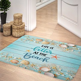 Beach Bathroom Rugs, Seashells Beach Door Mats Seashell Bathroom Mat Door Mat Non-Slip for Room Entryway Kitchen Bathtub, Tropical Teal Beach Bathroom Rugs Shower Floor Carpet, 17X29Inches