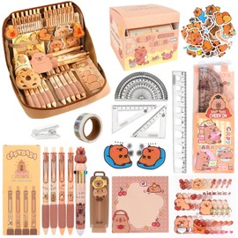 Lotvic Capybara Stationery Set, Capybara Pencil Case with Pens, Ruler, Eraser, Sticky Notes, Sticker, Keychain and More, Cute Capybara Stationery Set for Kids Students Back to School