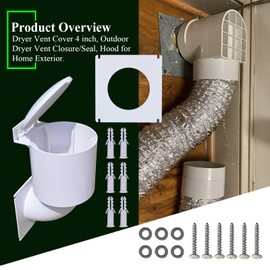 Dryer Vent Cover 4 inch, Outdoor Dryer Vent Closure/Seal, Hood for Home Exterior, UV Resistant, Mouse Proof, Natural Energy Saving, Clothes Dryer Replacement Vents, W/Screw & Washer for Installation
