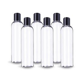 ljdeals 8 oz Clear Plastic Empty Bottles with Black Disc Top Caps, Refillable Containers for Shampoo, Lotions, Cream and More Pack of 6, BPA Free, Made in USA