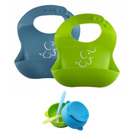 PAPU BABY Set de Comida de 2 Baberos y 2 Platos Hondos/Bowls (Azul Indigo - Verde)